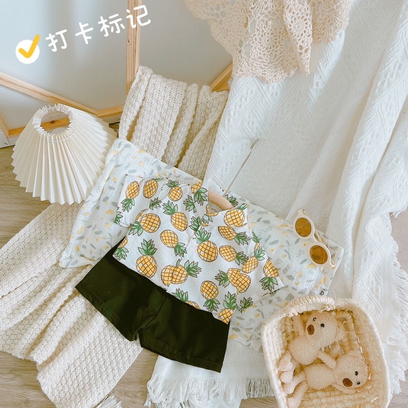 (jean baby) Bộ sơ mi đũi hoạ tiết hoa lá đi biển cho bé(8-20kg)