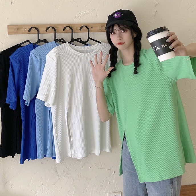 Áo Thun Tay Ngắn Dáng Rộng Xẻ Tà Kiểu vintage Thời Trang Mùa Hè Cho Nữ