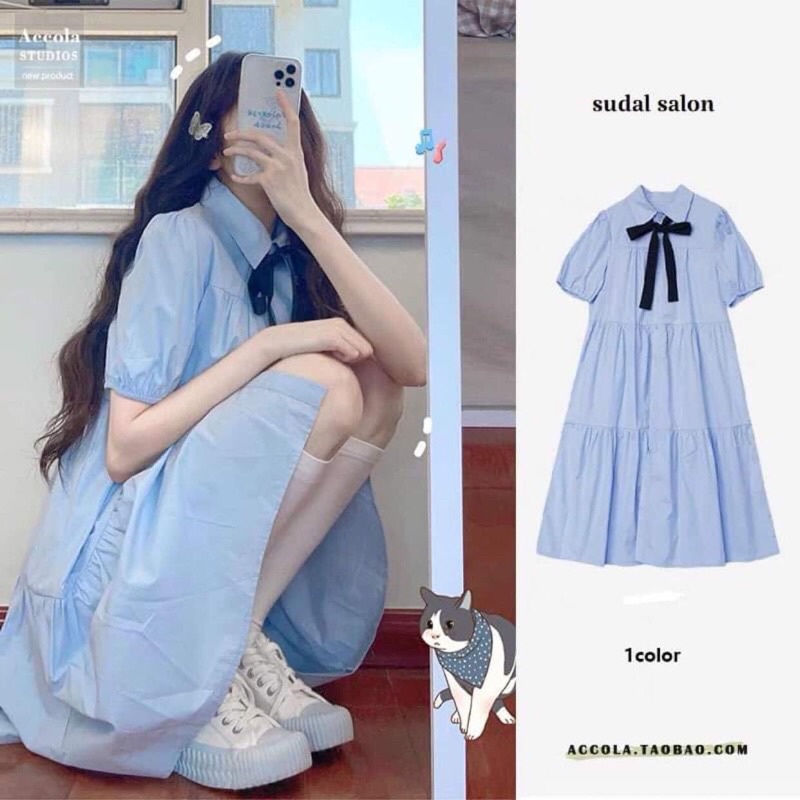 Váy sơ mi babydoll kèm nơ ullzang - Đầm sơ mi babydoll kèm nơ dáng xoè Pea Store