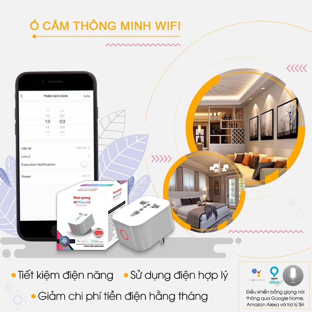 Ổ cắm WiFi Phích Cắm Thông Minh Điện Quang Apollo ĐQ SP1.1 01 WiFi Hỗ trợ Google Home, Alexa - Minh Tín Shop