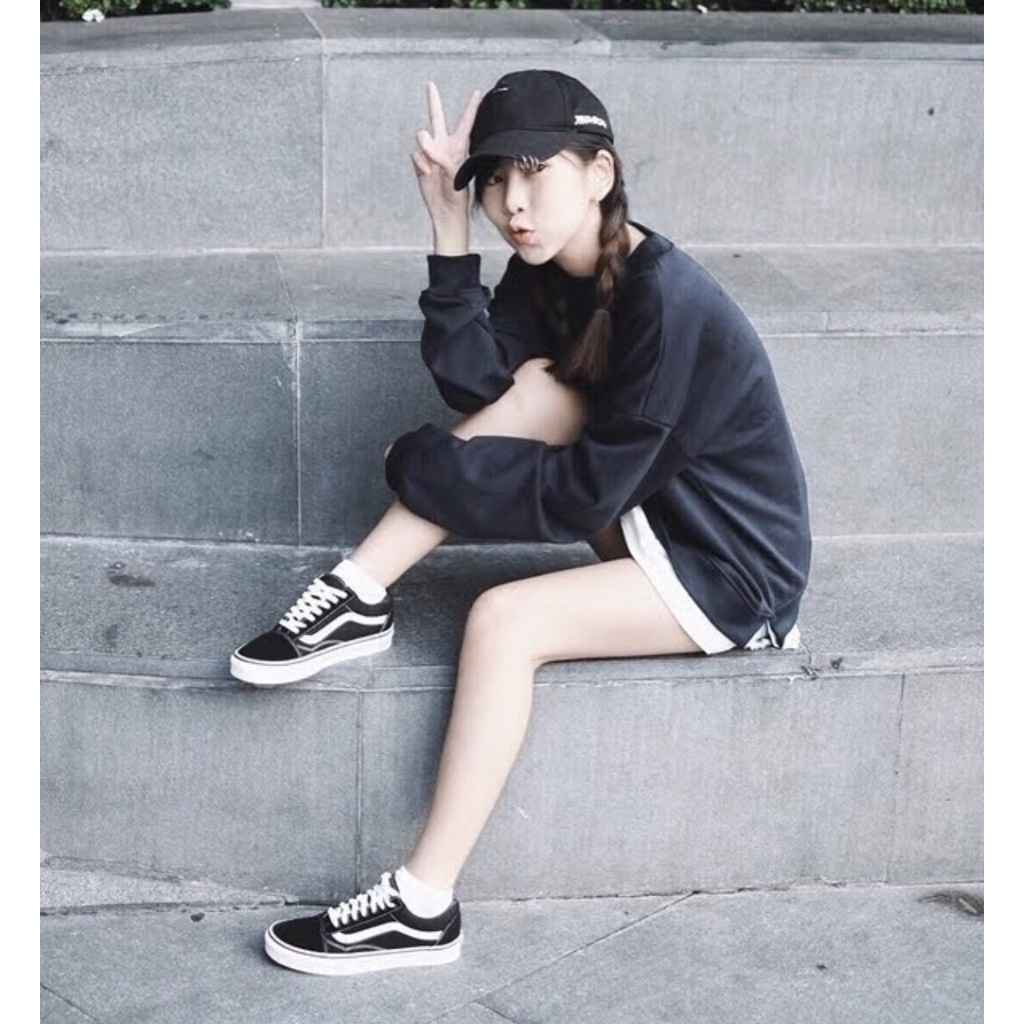Giày thể thao nam nữ V.old đen, mũi nhung nỉ, sóng da, dải size 36-43.        .