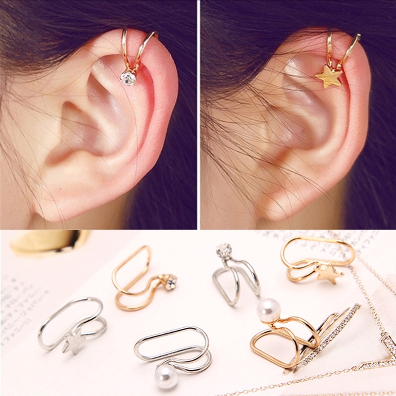 Khuyên kẹp vành tai hình ngôi sao/đính đá/ngọc trai giả phong cách Hàn Quốc cho nữ