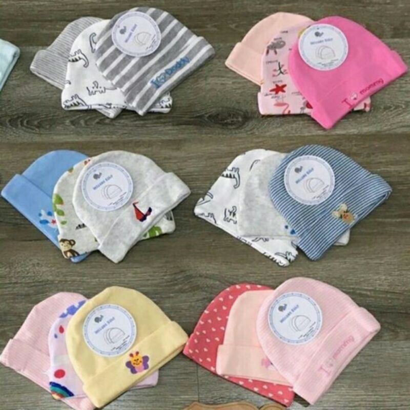 Mũ cotton 2 lớp cho bé 0-3 tháng(set 3 mũ)