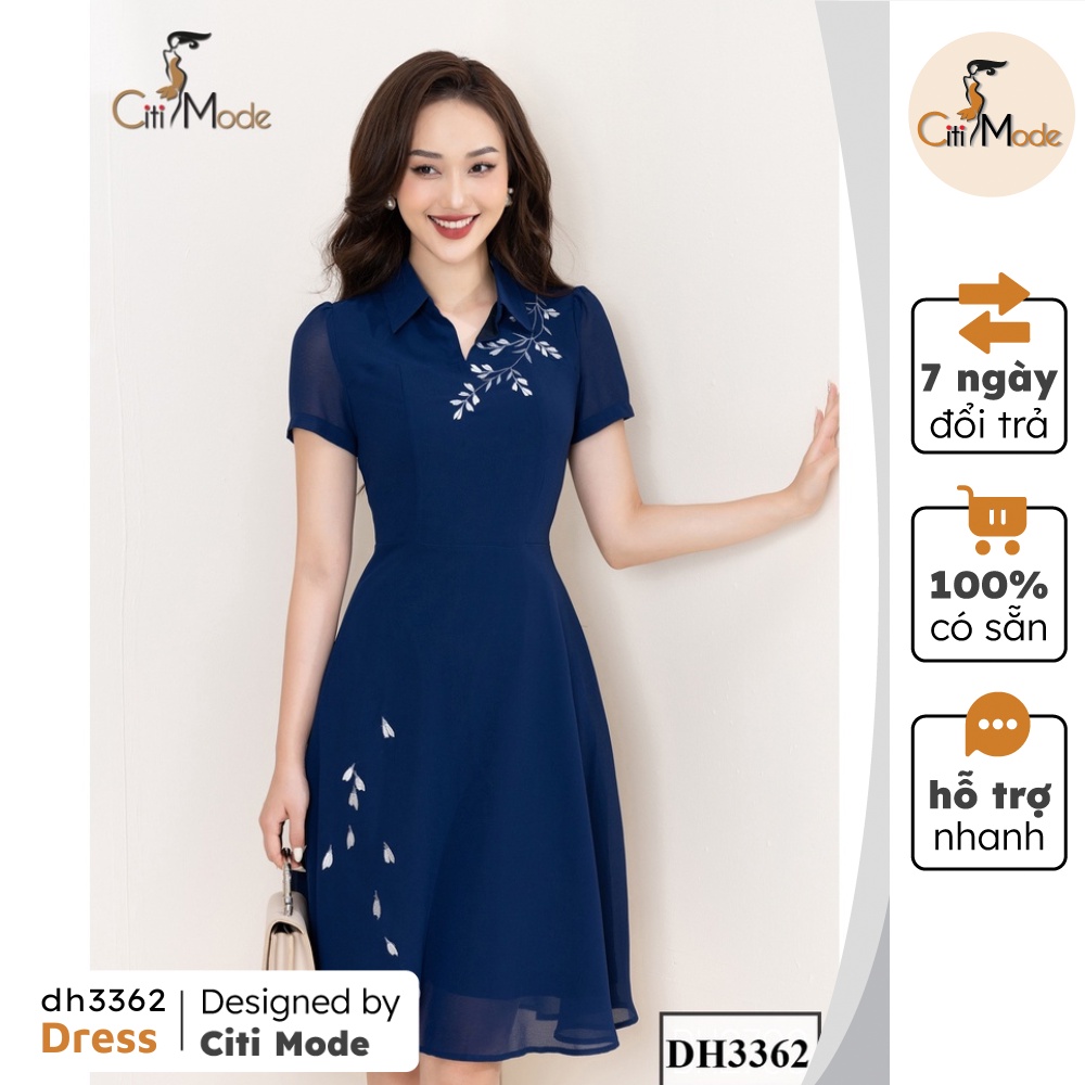 Đầm xòe voan xanh than công sở CITI MODE cổ sơ mi thêu hoa trắng DH3362
