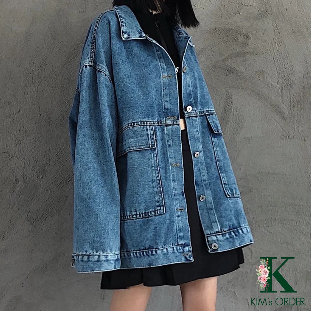 Áo khoác jean nữ màu xanh và đen dài tay phom rộng cổ sơ mi Unisex phong cách Ulzzang Hàn Quốc cá tính cho nam chất đẹp