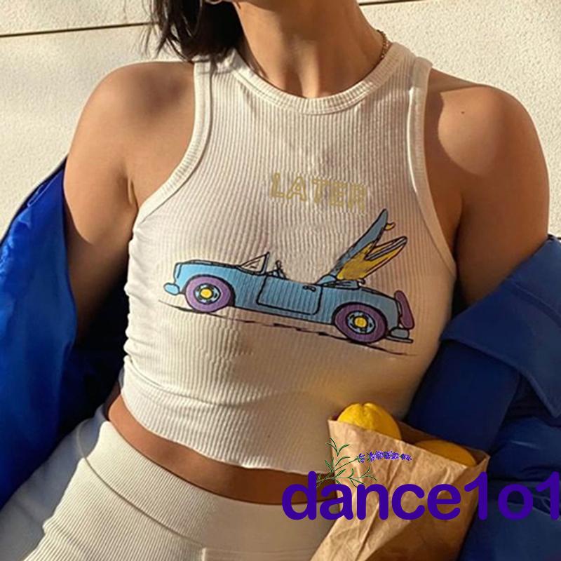 ❀PZ♔Women Cartoon Car Letter Printed Slim Fit Sleeveless Ribbed Vest