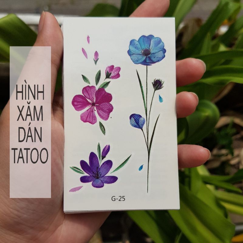 Hình xăm ba màu hoa tím, hồng, xanh g25. Xăm dán tatoo mini tạm thời, size &lt;10x6cm