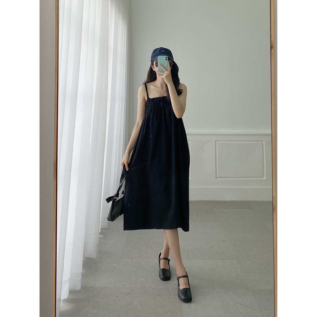 YU CHERRY | Đầm hai dây chất vải cát mịn cách điệu thun ngực Cami Long Dress YD125