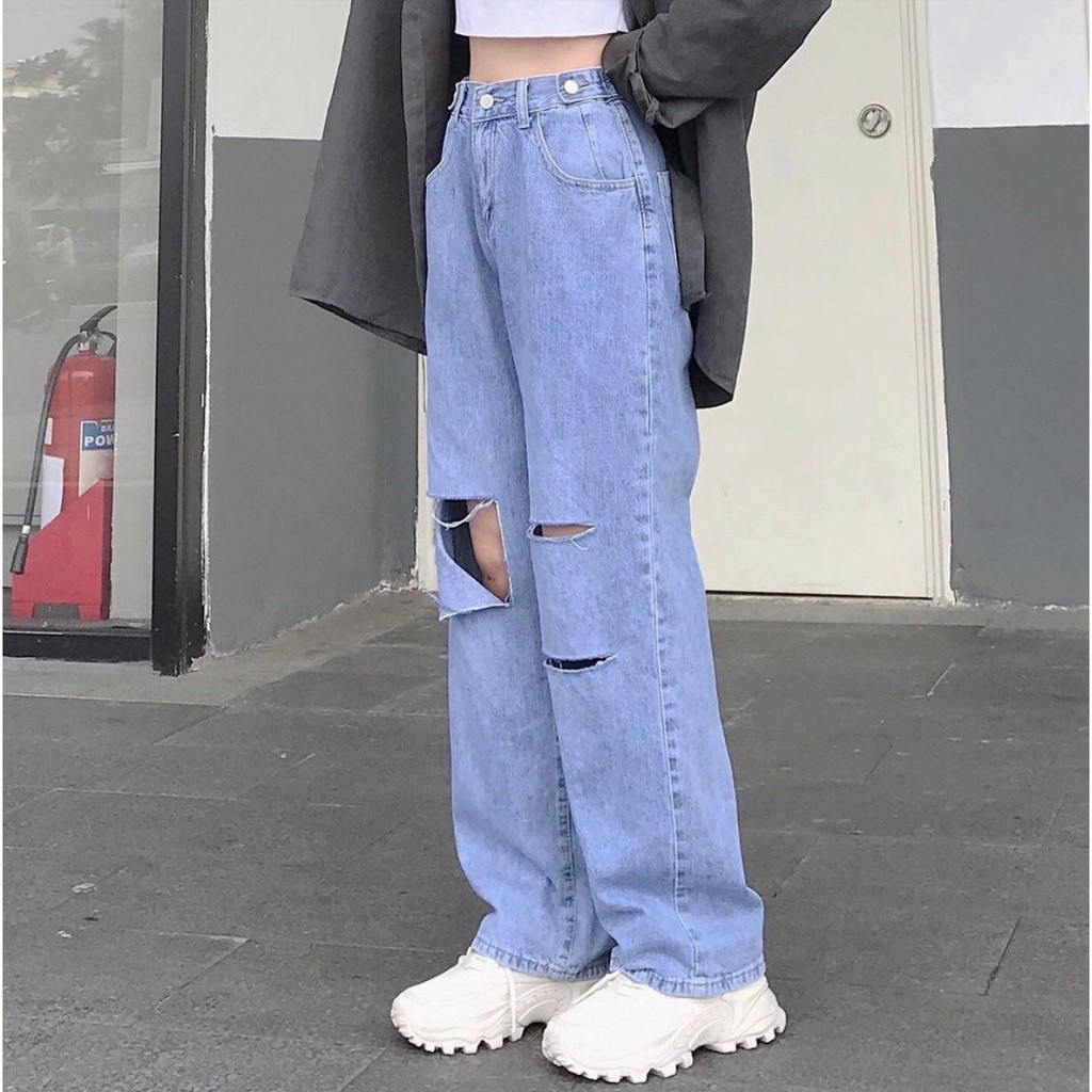 Quần Jean Ống Rộng XANH RÁCH Ulzzang Unisex 1hitshop | BigBuy360 - bigbuy360.vn