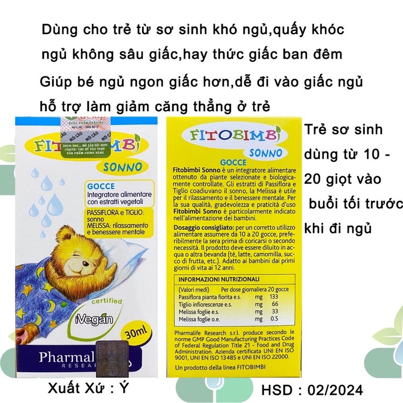 [Chính hãng] Siro thảo dược Fitobimbi Sonno Bimbi Ý giúp bé ngủ ngon lọ 30ml, hsd 2024