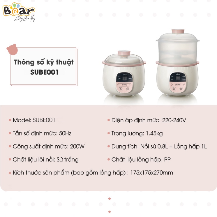 Combo Nồi Nấu Chậm 0,8L Bear  SUBE001 + Máy Xay Ăn Dặm 0,3L Bear B03V2 nấu cháo, chưng yến, đồ ăn dặm, tiện dụng