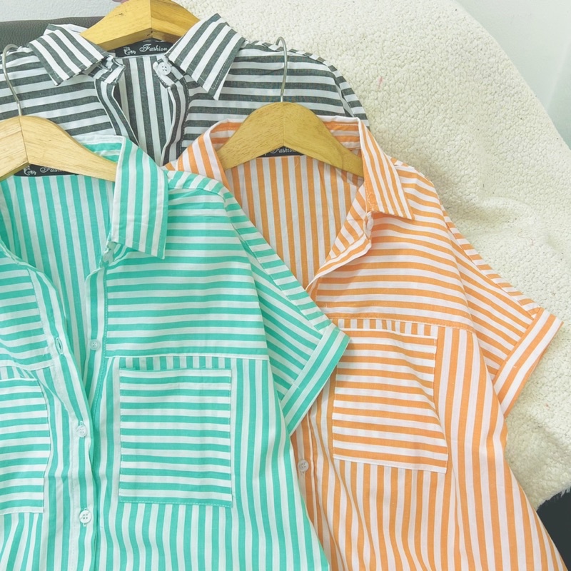 Áo Sơ Mi Nữ Sọc Tay Ngắn 45 -90kg Bigsize, Cotton Mát mẻ