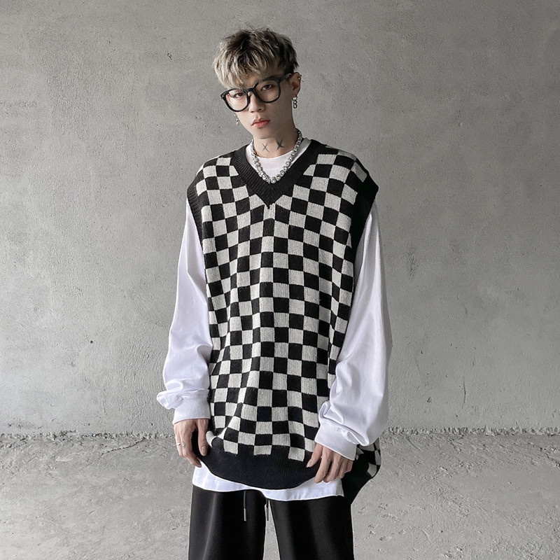 Áo len gile kẻ caro đen trắng unisex nam nữ cổ chữ v phong cách cá tính thời trang thu đông Hàn Quốc M32HD | BigBuy360 - bigbuy360.vn