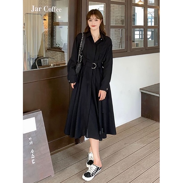 Váy sơ mì xòe đai eo thanh lịch