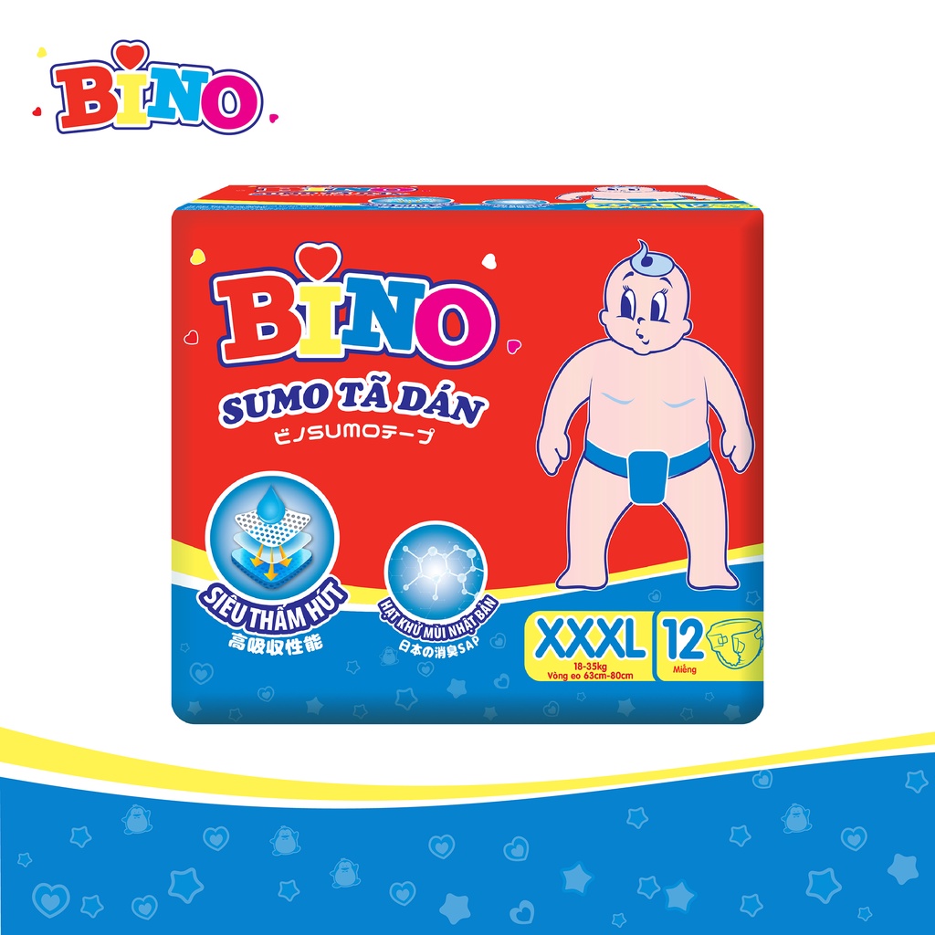 [HCM] Combo 5 gói tã dán bino sumo XXXL12 siêu thấm hút ( 18-35kg )