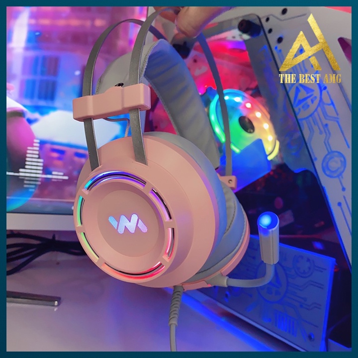 Tai Nghe Máy Tính Laptop Chụp Tai Gaming Headphone Có Mic LED RGB WANGMING 9800S Hồng- Tai Nghe Nhạc Chơi Game Có Dây