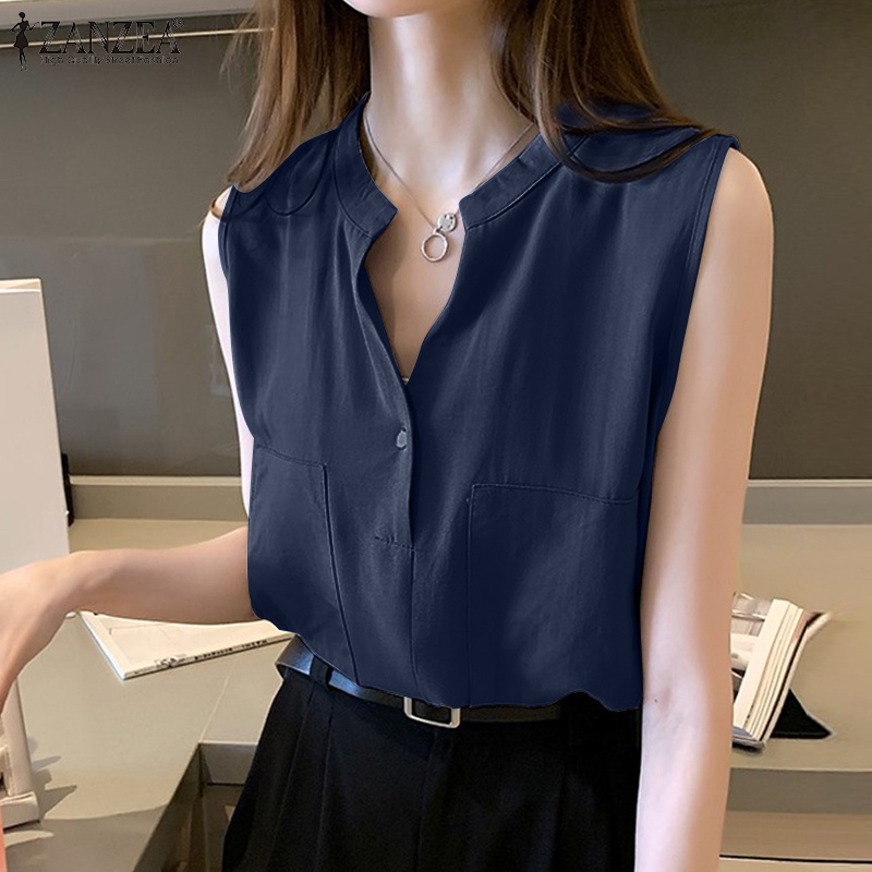 Áo kiểu Zanzea không tay cổ chữ V phong cách thời trang Hàn Quốc cho nữ