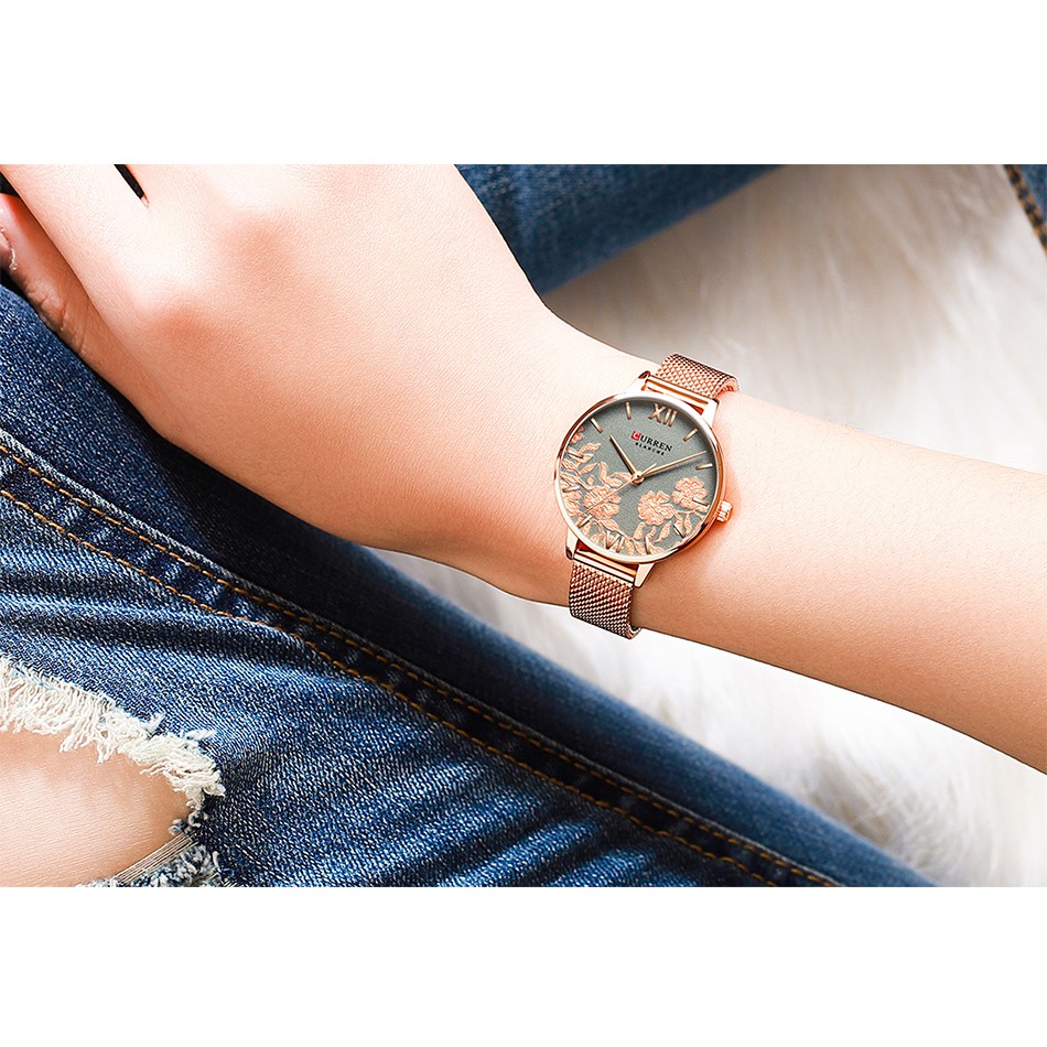 Đồng Hồ Quartz CURREN 9065 Họa Tiết Hoa Với Dây Đeo Bằng Thép Dạng Lưới Màu Vàng Hồng