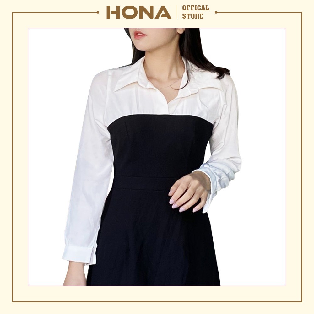 Set váy sơ mi trắng tay dài kết hợp yếm đen thắt eo, Đầm váy dáng dài ...