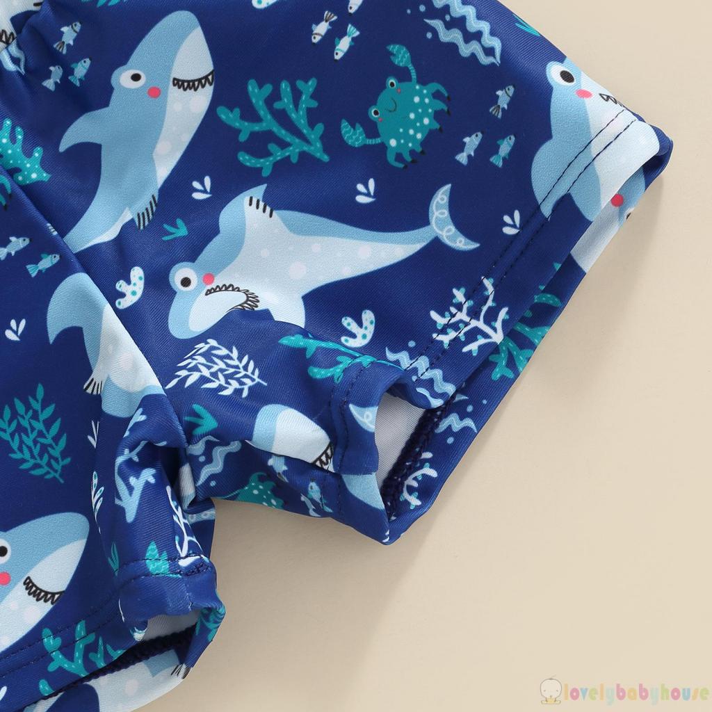 Bộ Đồ Bơi Dài Tay Họa Tiết Kẻ Sọc In Hình Cá Mập Hoạt Hình Kèm Quần Short Cho Bé Trai