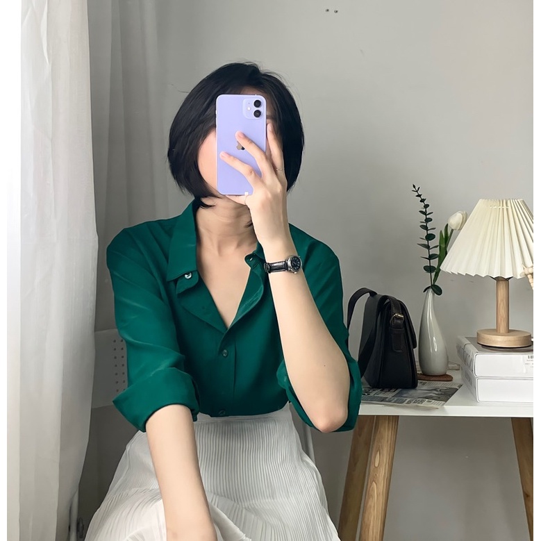 Áo sơ mi nữ xanh lá cây, xanh ve chai dài tay công sở form rộng kiểu Hàn Quốc dáng suông chất mịn cao cấp AAS451