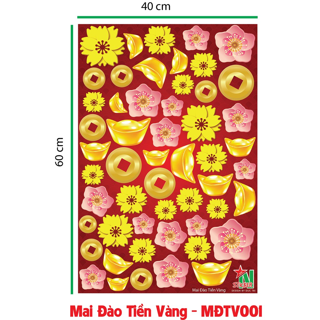 Mai Đào Tiền Vàng, tết 2022, decal trang trí tết, tết thuần việt, hoa mai, hoa đào, tiền, vàng dùng để trang trí cửa hàn