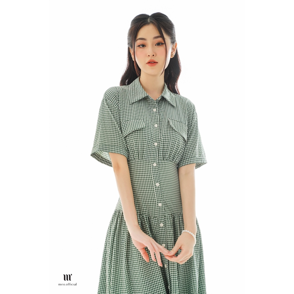 Đầm nữ Méo shop váy liền cổ sơ mi ngắn tay kẻ dáng xuông phong cách công sở Meila
