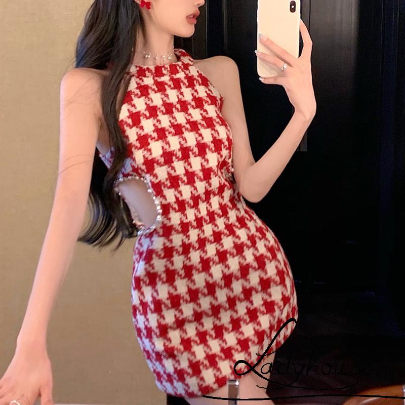 Ldd-đầm Ôm Dáng Không Tay Khoét Lỗ Rỗng Đính Đá Màu Đỏ Cho Nữ