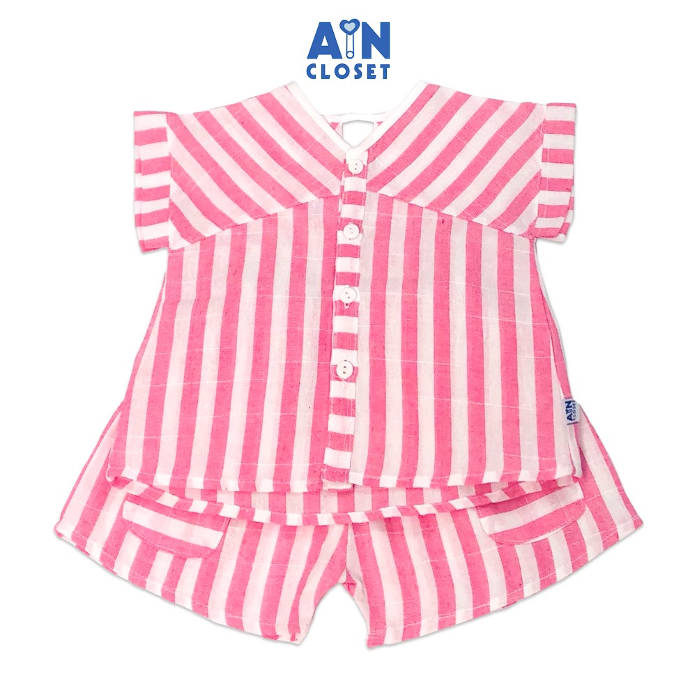 Bộ quần áo ngắn bé gái họa tiết Kẻ hồng trắng linen cotton - AICDBGWIKHKS - AIN Closet