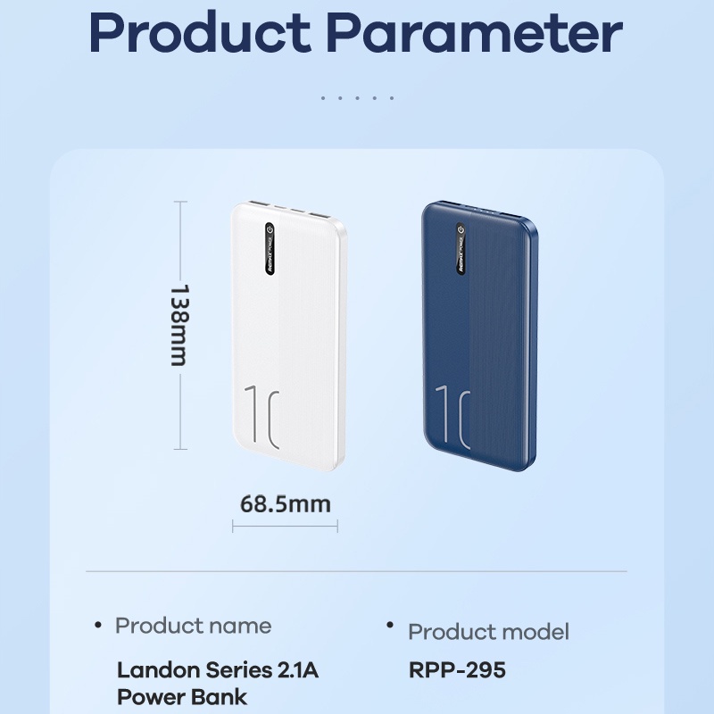 Pin Sạc Dự Phòng 10000mah Remax RPP 295  Lõi Polymer 2 Cổng Sạc Vào, 2 Cổng Sạc Ra Nhỏ Gọn Dễ Mang ĐI