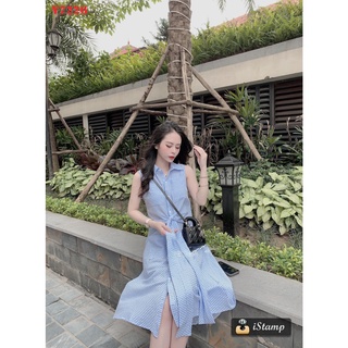 Đầm kẻ xanh thắt đai eo 2 kiểu