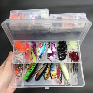 Bộ 28 và 100 mồi giả câu cá lóc chẽm rô phi, combo mồi câu biển câu lure suối (gồm mồi mềm, mồi thìa, cá sắt vib)