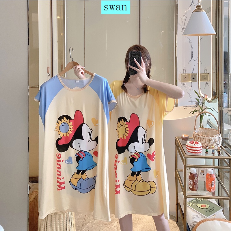 Đồ ngủ cotton ngắn tay dáng rộng in họa tiết hoạt hình thời trang mùa hè cho mẹ bầu