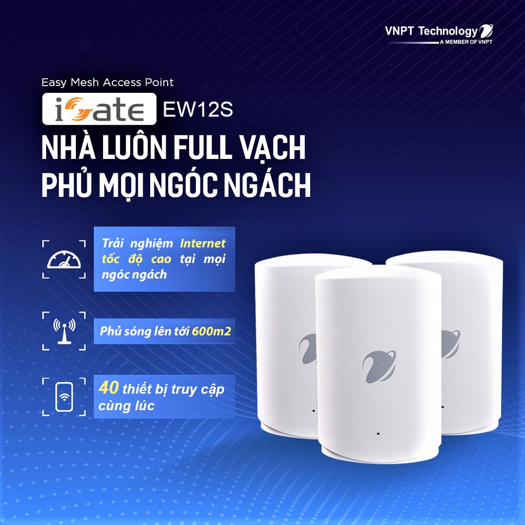 VNPT Technology Hệ thống Wifi Mesh 2 băng tần chuẩn AC 1200Mbps iGate EW12S - Hàng Việt Nam