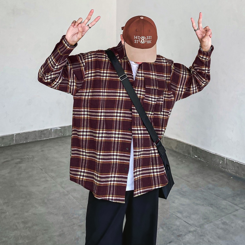 Áo Sơ Mi Flannel Màu Nâu Sọc Đỏ Form Rộng Thoải Mái Chất Liệu Cotton Thoáng Mát