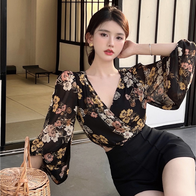 Áo Chiffon Ngắn Tay Phồng In Họa Tiết Thời Trang Mùa Hè Quyến Rũ Cho Nữ
