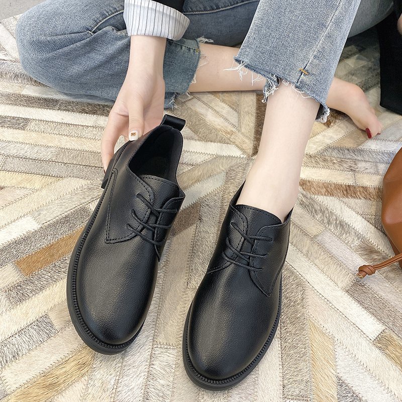 Giày oxford da bóng mũi tròn thắt dây phong cách retro cho nữ