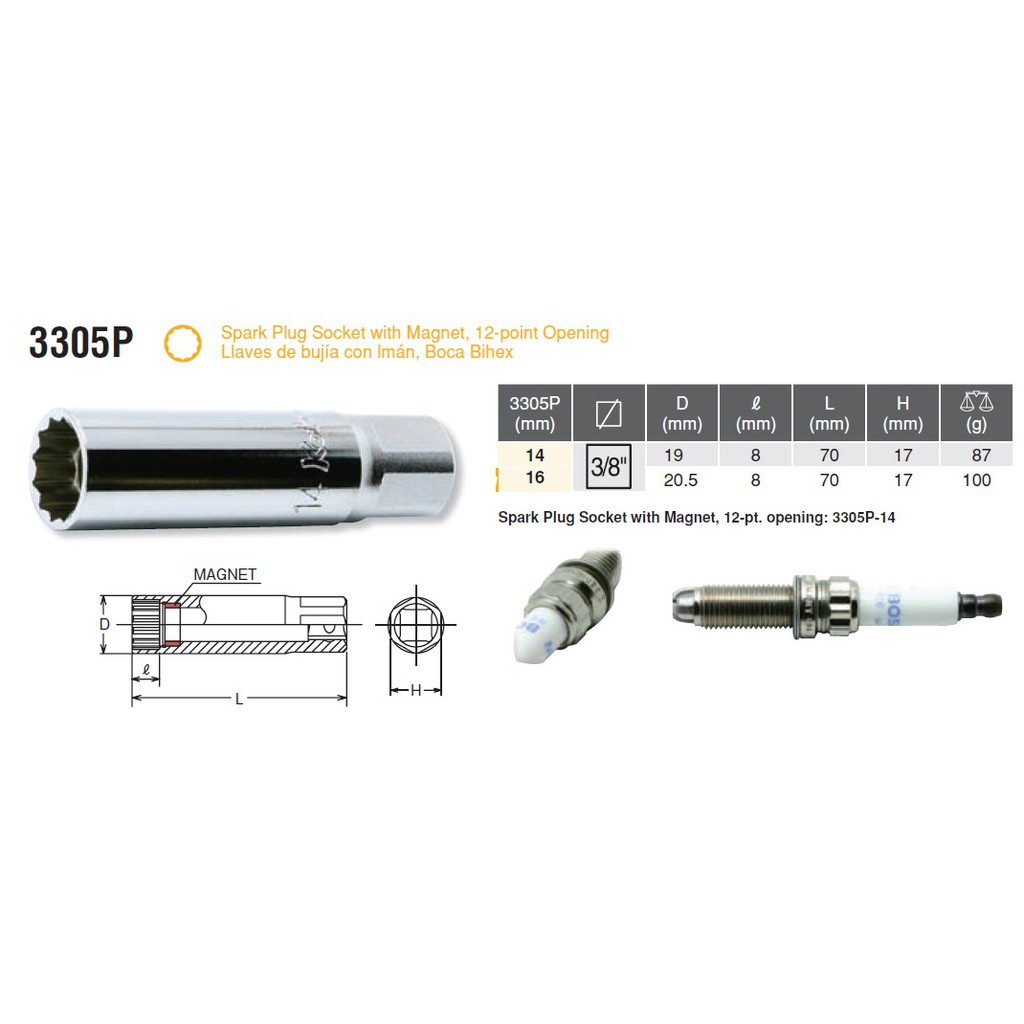 Tuýp khẩu mở Bugi có từ tính Koken nhật 3305P cỡ 14 và 16 - Made in japan