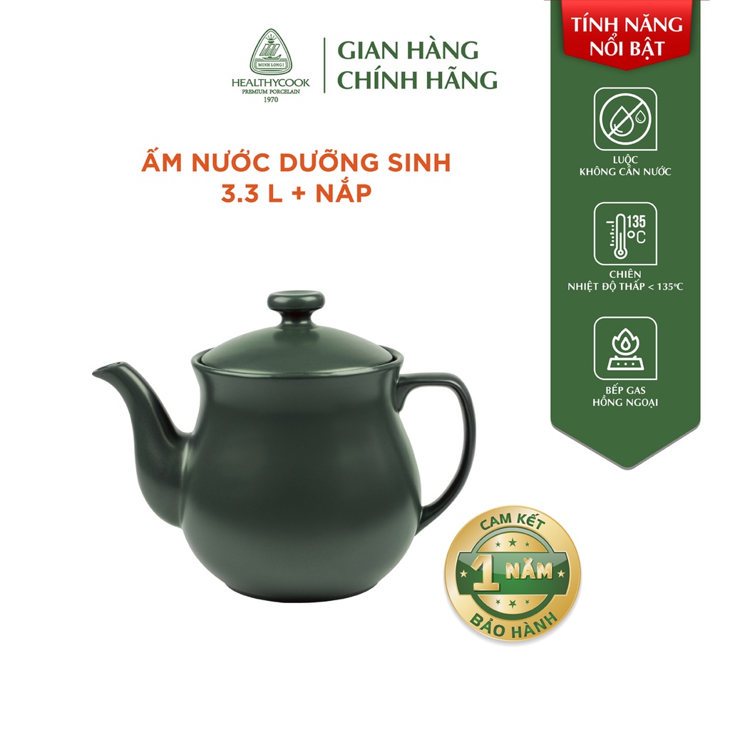 Ấm Nước (Siêu Thuốc) Dưỡng Sinh Minh Long 3.3 L + Nắp - Healthycook -Xanh Rêu