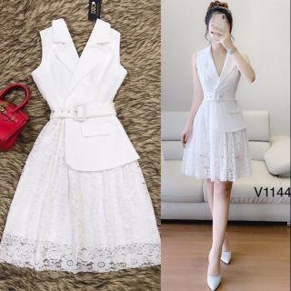 Váy trắng cổ vest mix chân ren có đai váy V1144 - kèm ảnh thật trải sàn HD Store
