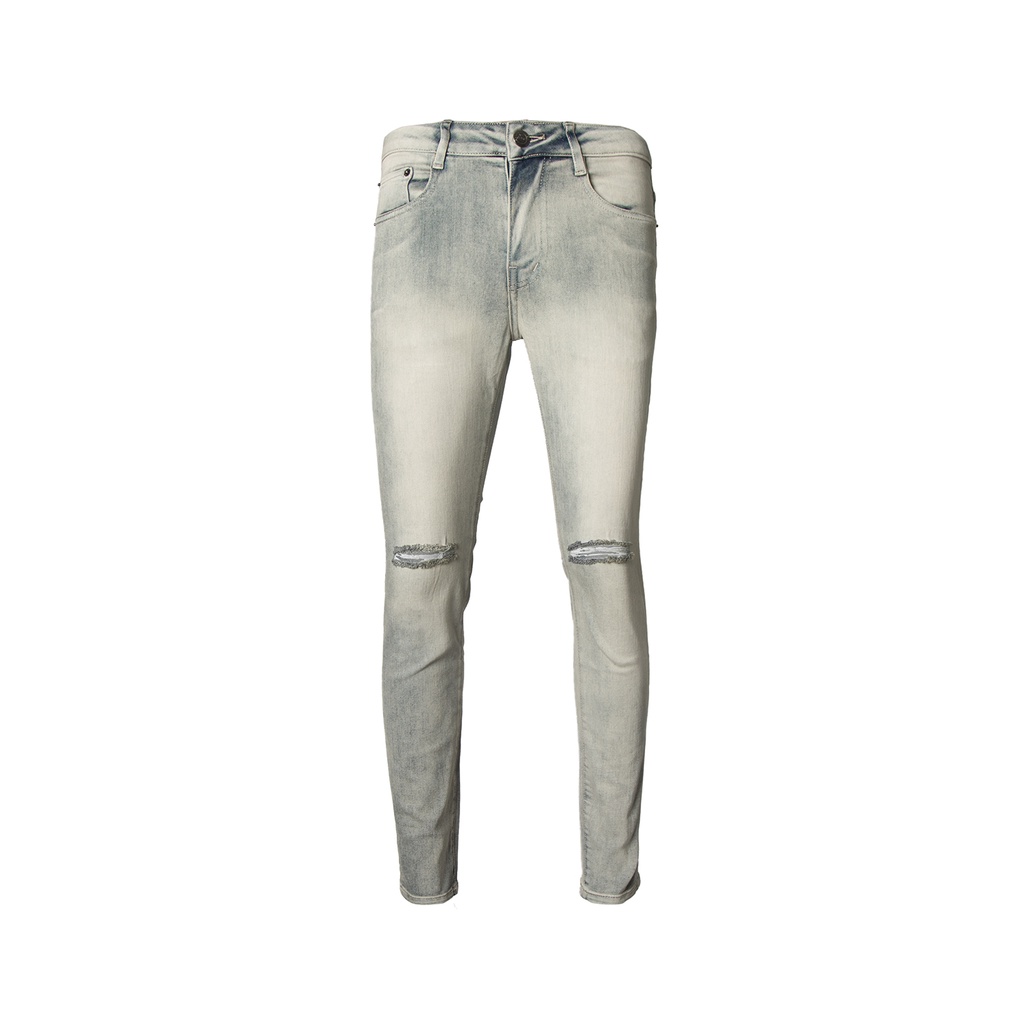 Quần Skinny Jeans Nam-Màu Xanh Bạc-Rách Ngang Gối-Chất Liệu Cotton Co Giãn-Ống Đứng Dáng-Ống Ôm Chân Chuẩn Skinny