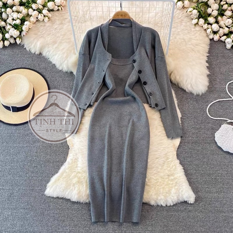 Đầm cổ yếm dây cổ kèm khoác, Set đầm len kèm khoác tay dài phối dây nơ phía sau