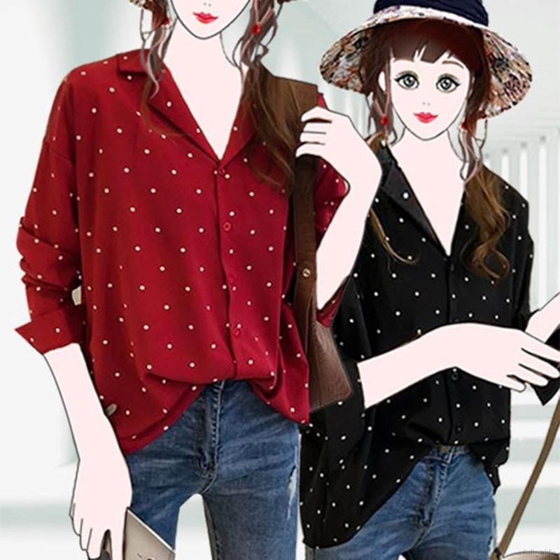 Áo kiểu tay dài họa tiết chấm bi thanh lịch dành cho nữ