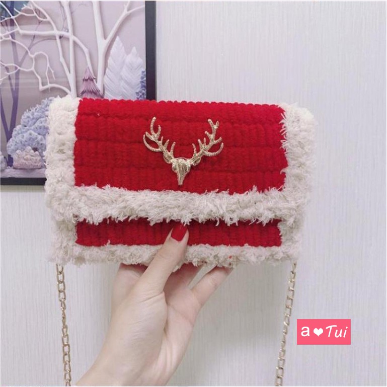 Túi handmade tự đan len viền xù sừng hưu