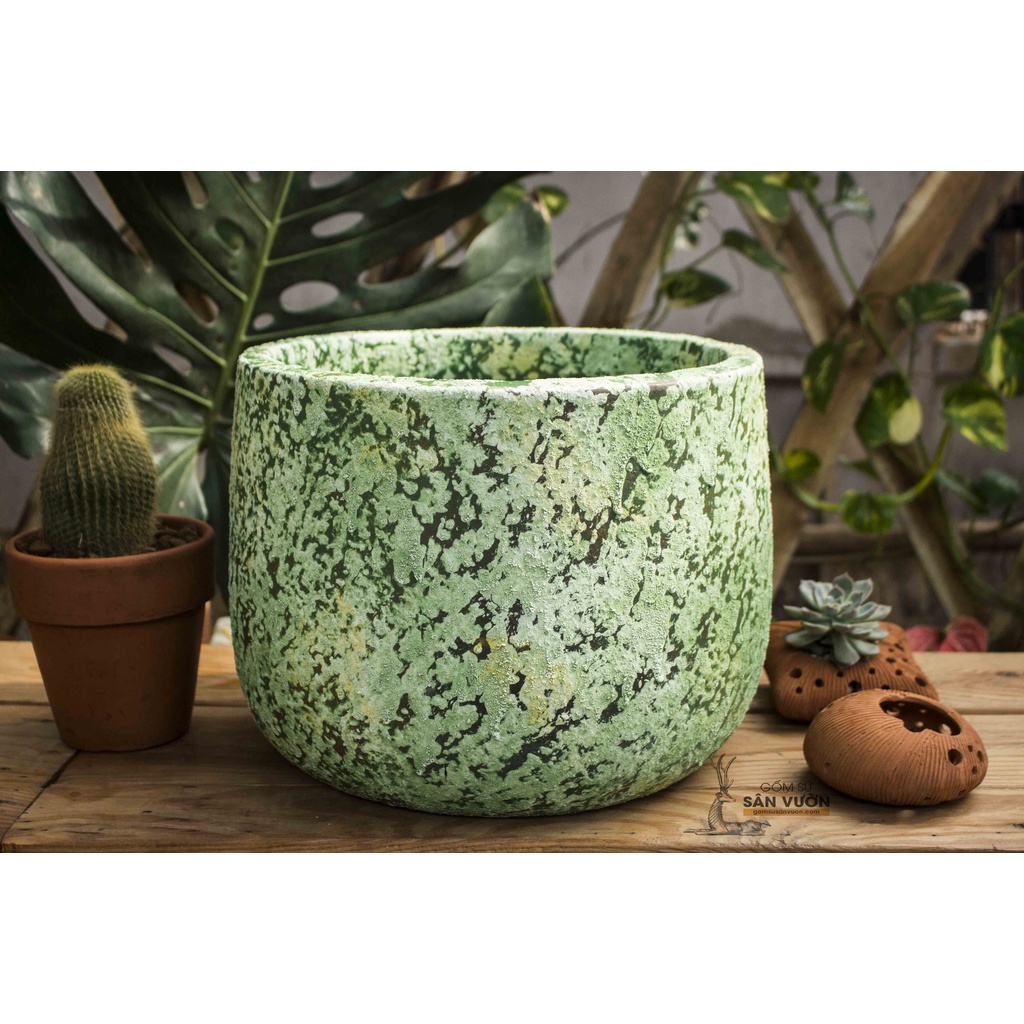 Chậu trồng cây gốm đất nung  DÁNG NỒI SƠN WAX MÀU XANH NHÁM D31xH26cm - gốm sứ sân vườn Bình Dương chất lượng cao