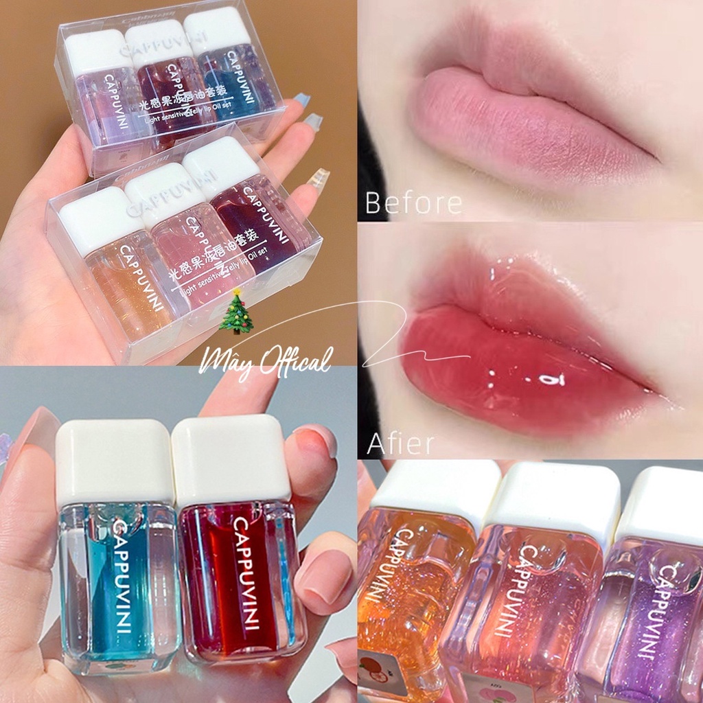 Bộ Set 3 son Cappuvini trái cây tint bóng nhũ lấp lánh lấp lánh dưỡng ẩm hiệu quả