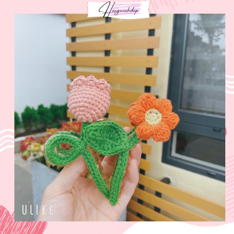 Kẹp tóc nữ hoa tulip bằng len handmade