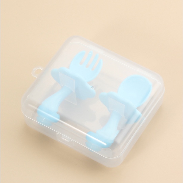 (TẶNG YẾM MÁNG)Thìa dĩa tập xúc cho bé có nút chặn giúp bé tập ăn KÈM HỘP NHỰA, Set thìa dĩa có ngáng chống hóc Thị Nắng