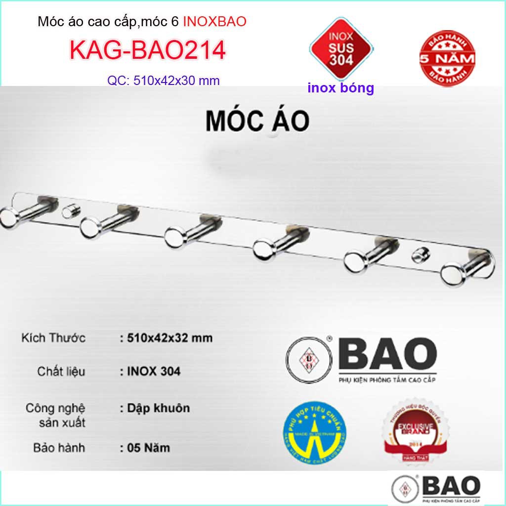 Móc 6 Inox Bảo KAG-BAO214, móc áo phòng tắm SUS304 dập sáng bóng sang trọng thiết kế tuyệt đẹp siêu bền