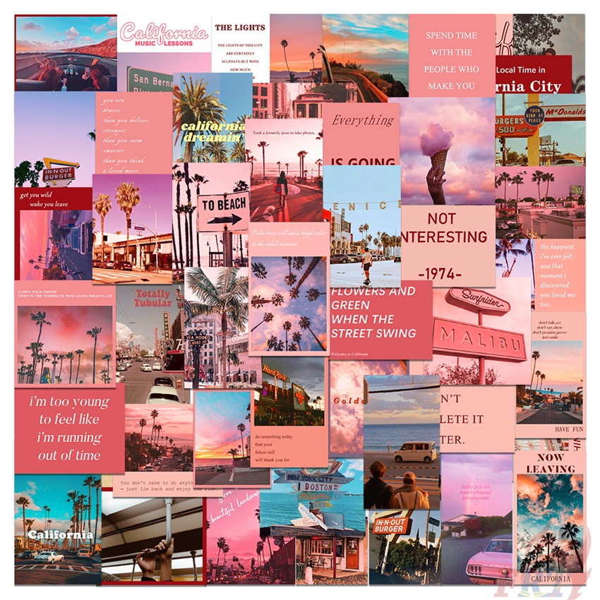 ❉ Bộ 01 Miếng Dán Hình Phong Cảnh Đường Phố California Màu Hồng Lãng Mạn ❉ Set 50 Sticker Họa Tiết Đa Dạng Hợp Thời Trang